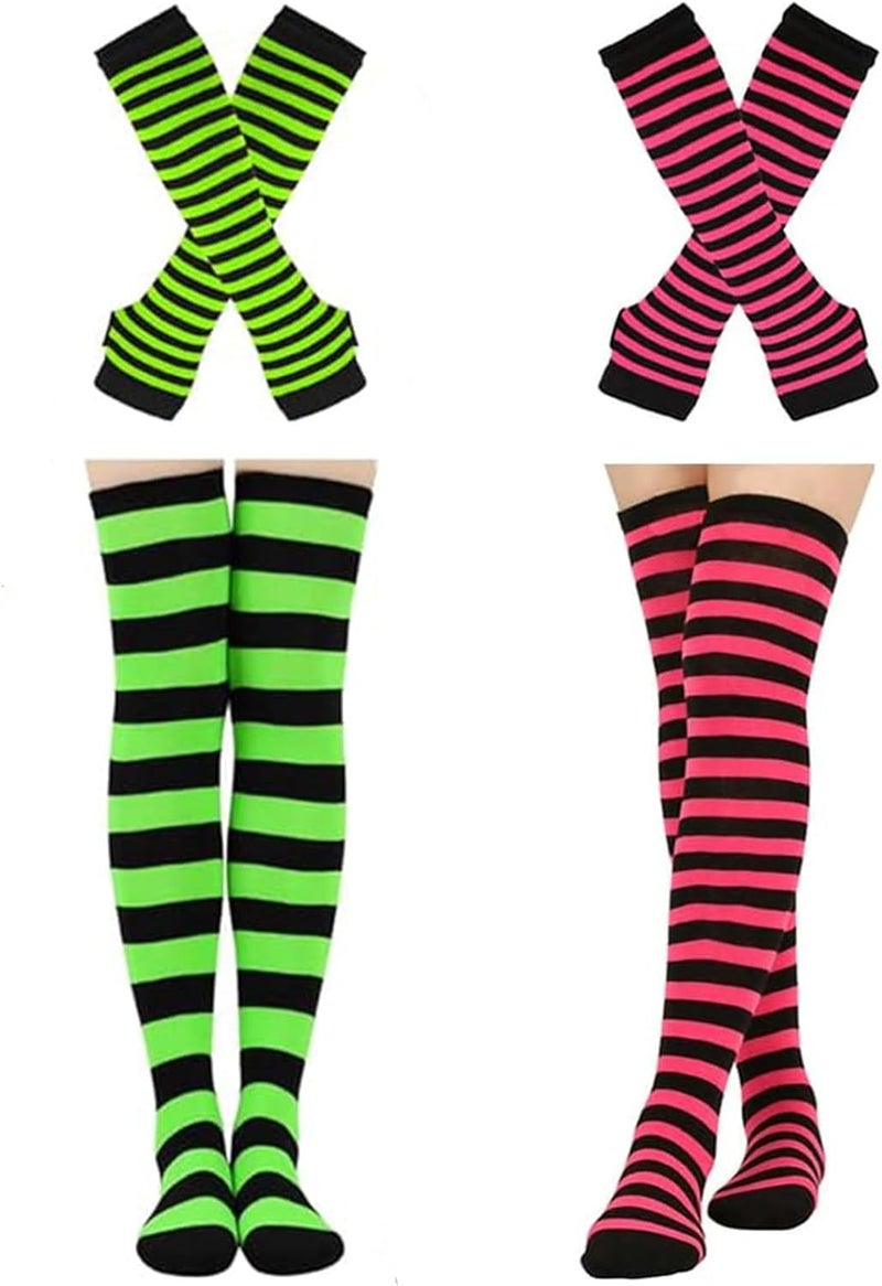 Barrlves Store 2/4 Sets Womens Striped Knee High Socks Long Knitted Arm Warmers Fingerless Gloves for Halloween Costume - Image 1